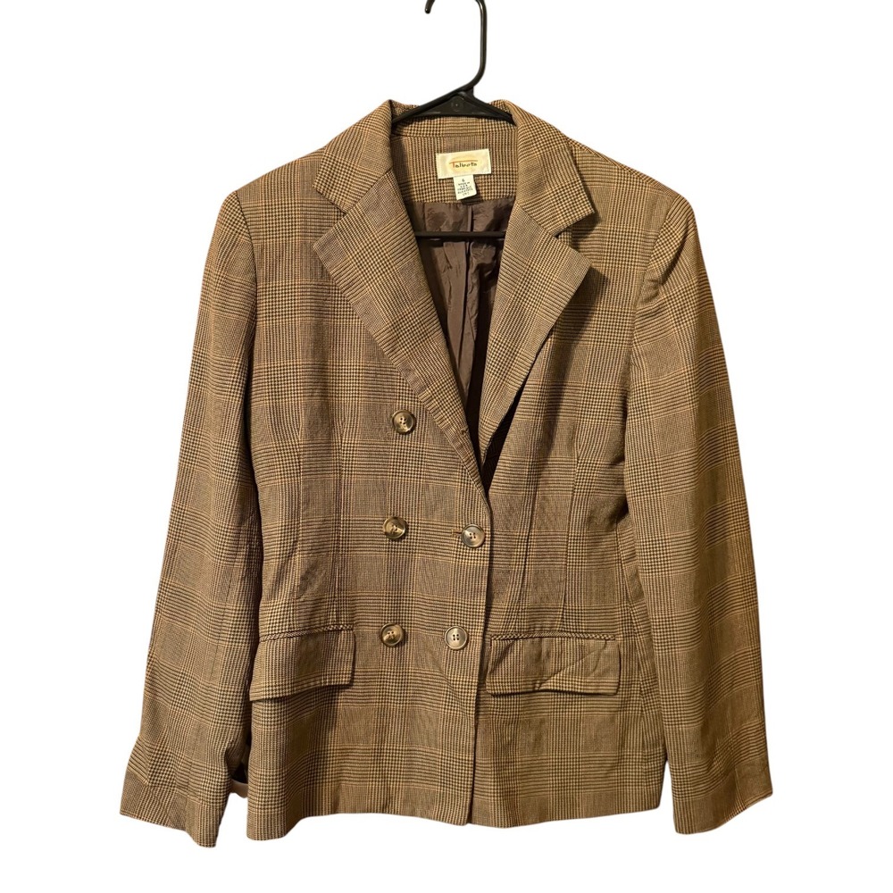 Talbots Blazer Womens 6 Brown Excellent Worsted Wool Double Breasted Glen Plaid